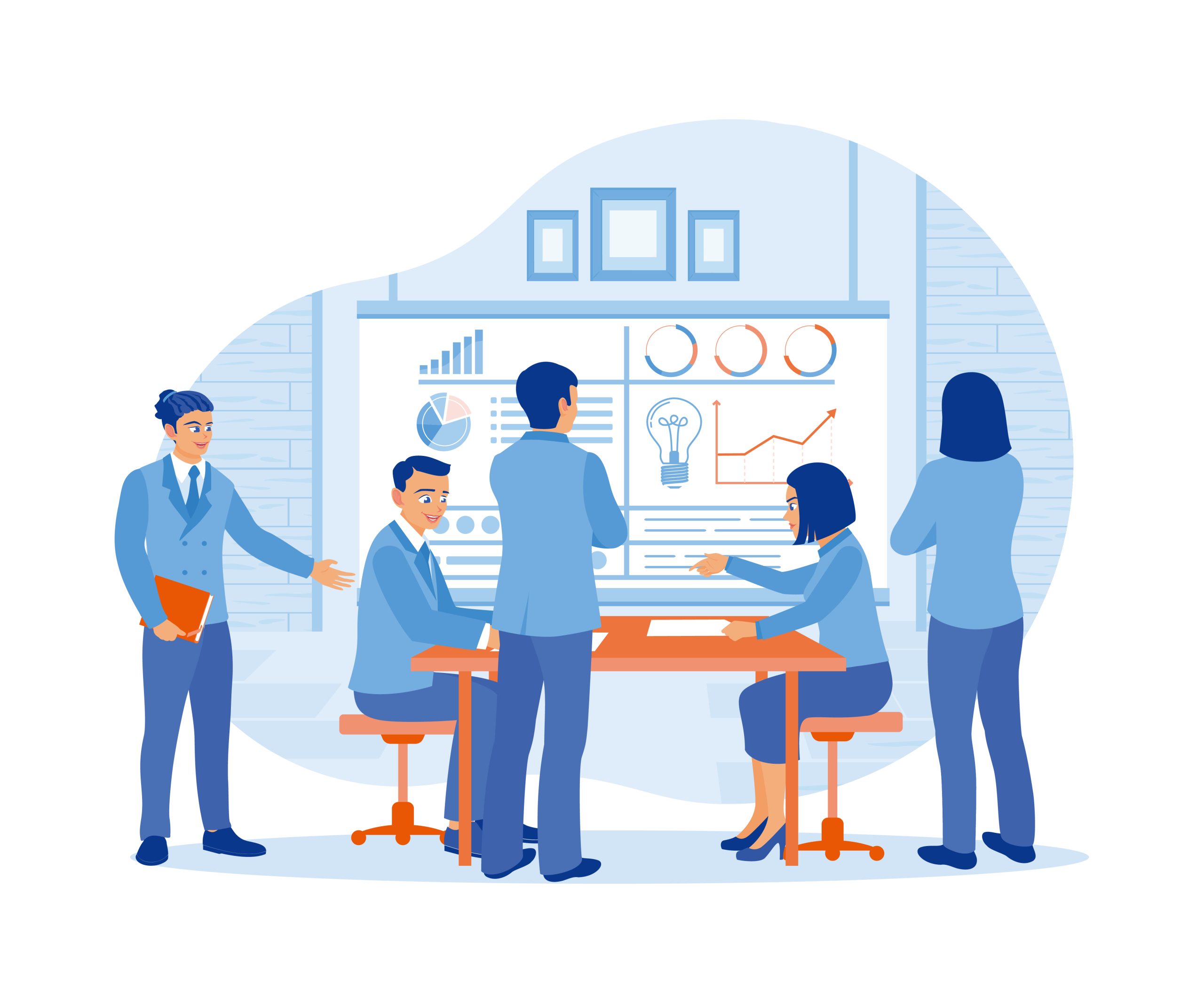 Business team holding meeting in office. Create and discuss teamwork concepts on screen. Business Meeting concept. Flat vector illustration.