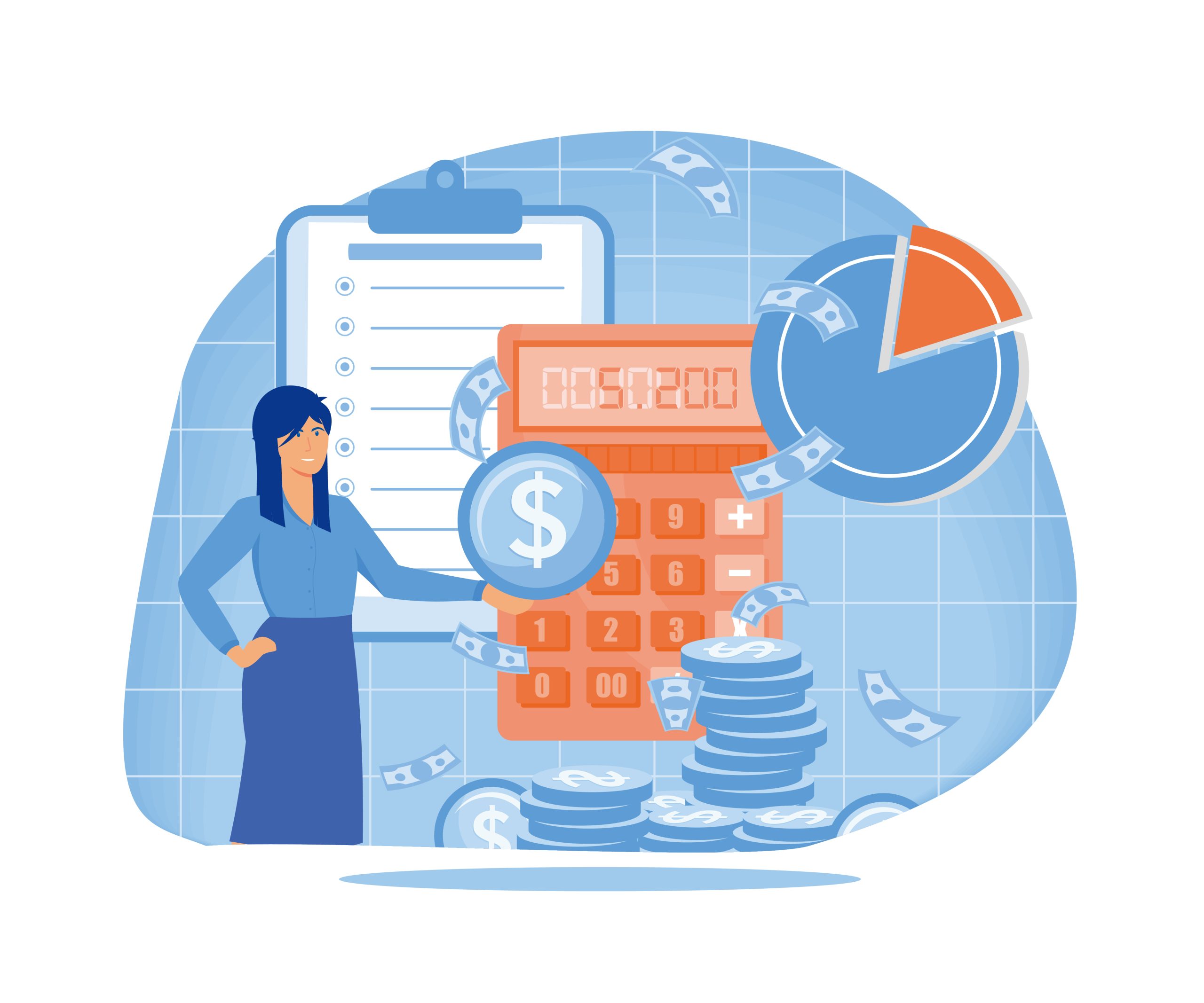 Calculation, bookkeeping investment money concept, Woman with calculator counting, thinking about profit. Economic audit, financial analysis, tax accounting, bill payment. flat vector modern illustration